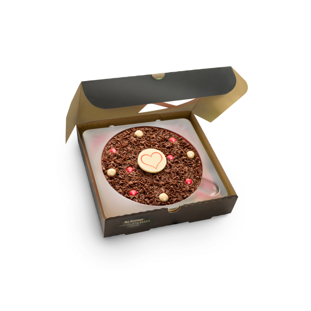 Our 10" Love Pizza is presented in a stylish black pizza box with red tissue paper.